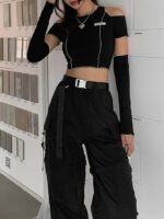 Goth Dark E-girl Style Patchwork Black T-shirts Gothic Open Shoulder Sleeve Y2k Crop Tops Ruffles Hem Hip Hop Techwear Women Tee - Image 6