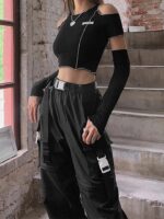 Goth Dark E-girl Style Patchwork Black T-shirts Gothic Open Shoulder Sleeve Y2k Crop Tops Ruffles Hem Hip Hop Techwear Women Tee - Image 5