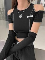 Goth Dark E-girl Style Patchwork Black T-shirts Gothic Open Shoulder Sleeve Y2k Crop Tops Ruffles Hem Hip Hop Techwear Women Tee - Image 4
