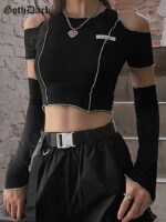 Goth Dark E-girl Style Patchwork Black T-shirts Gothic Open Shoulder Sleeve Y2k Crop Tops Ruffles Hem Hip Hop Techwear Women Tee - Image 3