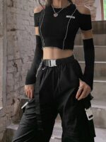 Goth Dark E-girl Style Patchwork Black T-shirts Gothic Open Shoulder Sleeve Y2k Crop Tops Ruffles Hem Hip Hop Techwear Women Tee - Image 2