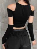 Goth Dark E-girl Style Patchwork Black T-shirts Gothic Open Shoulder Sleeve Y2k Crop Tops Ruffles Hem Hip Hop Techwear Women Tee - Image 7